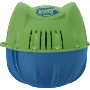 A green and blue Flippin’ FROG Complete Pool Sanitizing System for Pools 2,000 – 5,000 gallons, Quick and Easy All-in-One Pool Sanitizer uses Low Chlorine Levels and FROG Sanitizing Minerals with a lid.